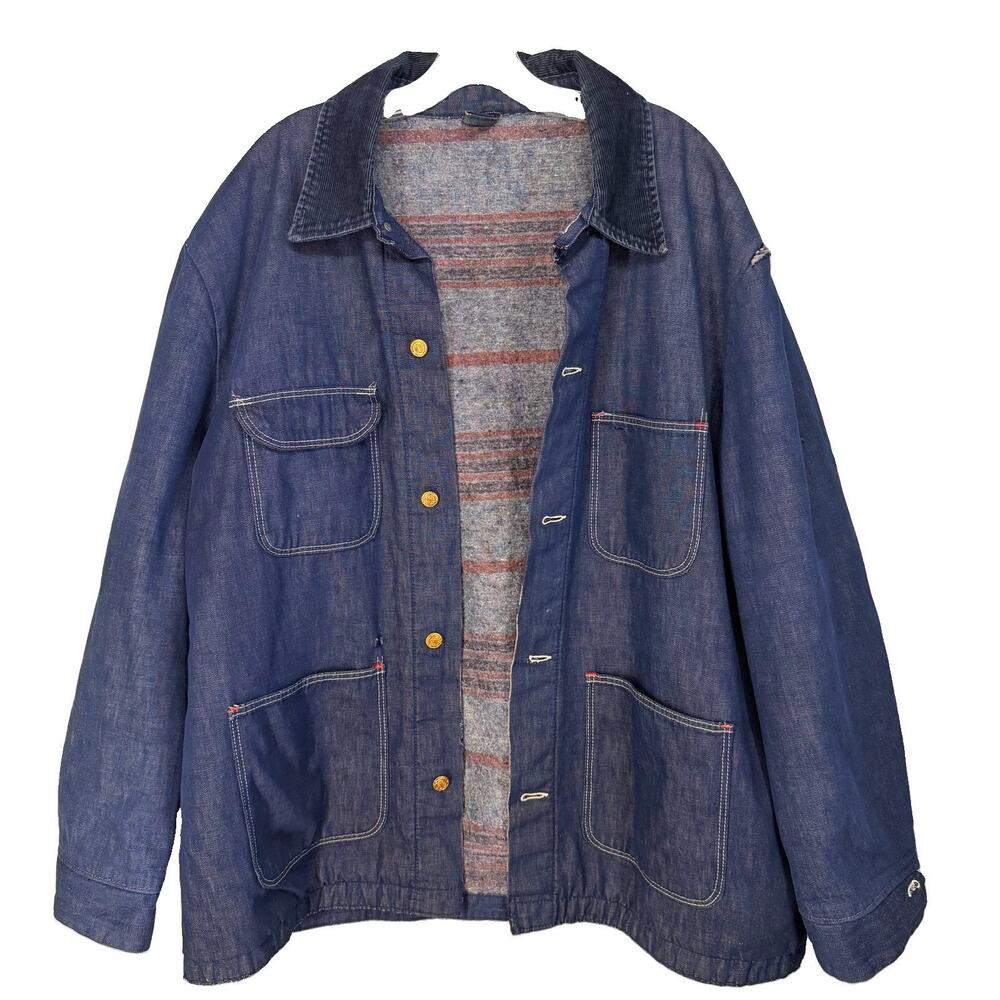 Vintage 60s / 70s Blanket Lined Denim Prison Chore Jacket Blue Yard Coat Mens XL